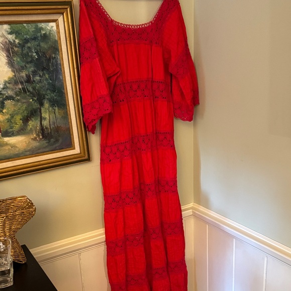 1970s Red Lace Crochet Gown Dress Wedding Boho Chic Medium - Picture 9 of 10